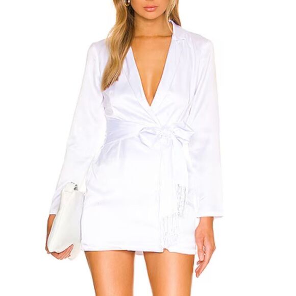 NWT More To Come Shanelle Blazer Fringe Dress White mini satin tie Revolve S - Picture 1 of 9